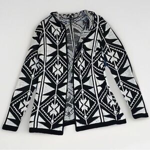 Streetwear Society Women’s Sz L Hooded Cardigan Sweater Black & White Aztec